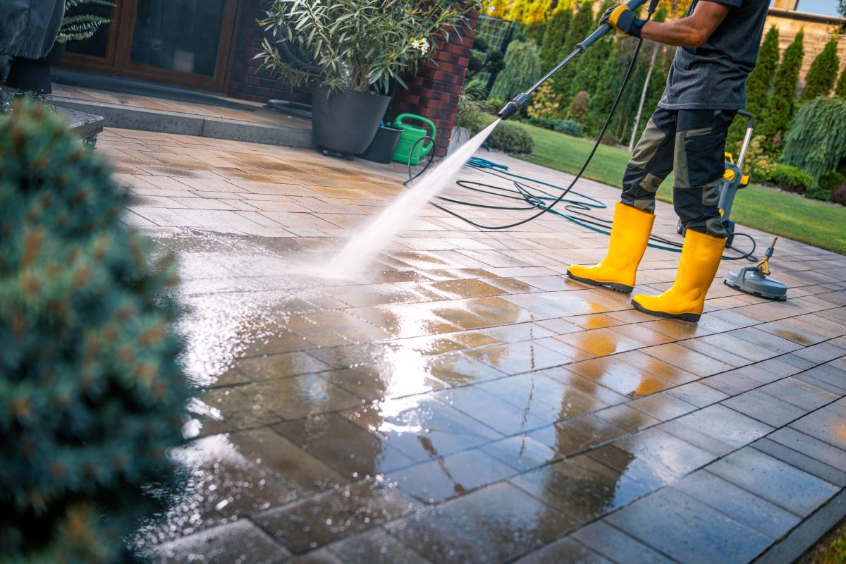 homeowner pressure washing patio to maintain curb appeal